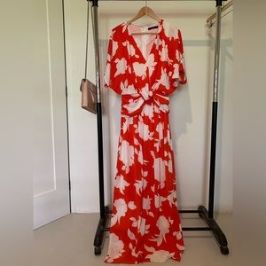 Red and white floral maxi dress.